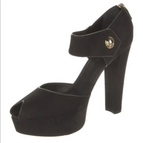 Louis Vuitton Nubuck Gold Button D’Orsay Platform Peeptoe Block Heel Sandal 41 - Picture 2 of 13